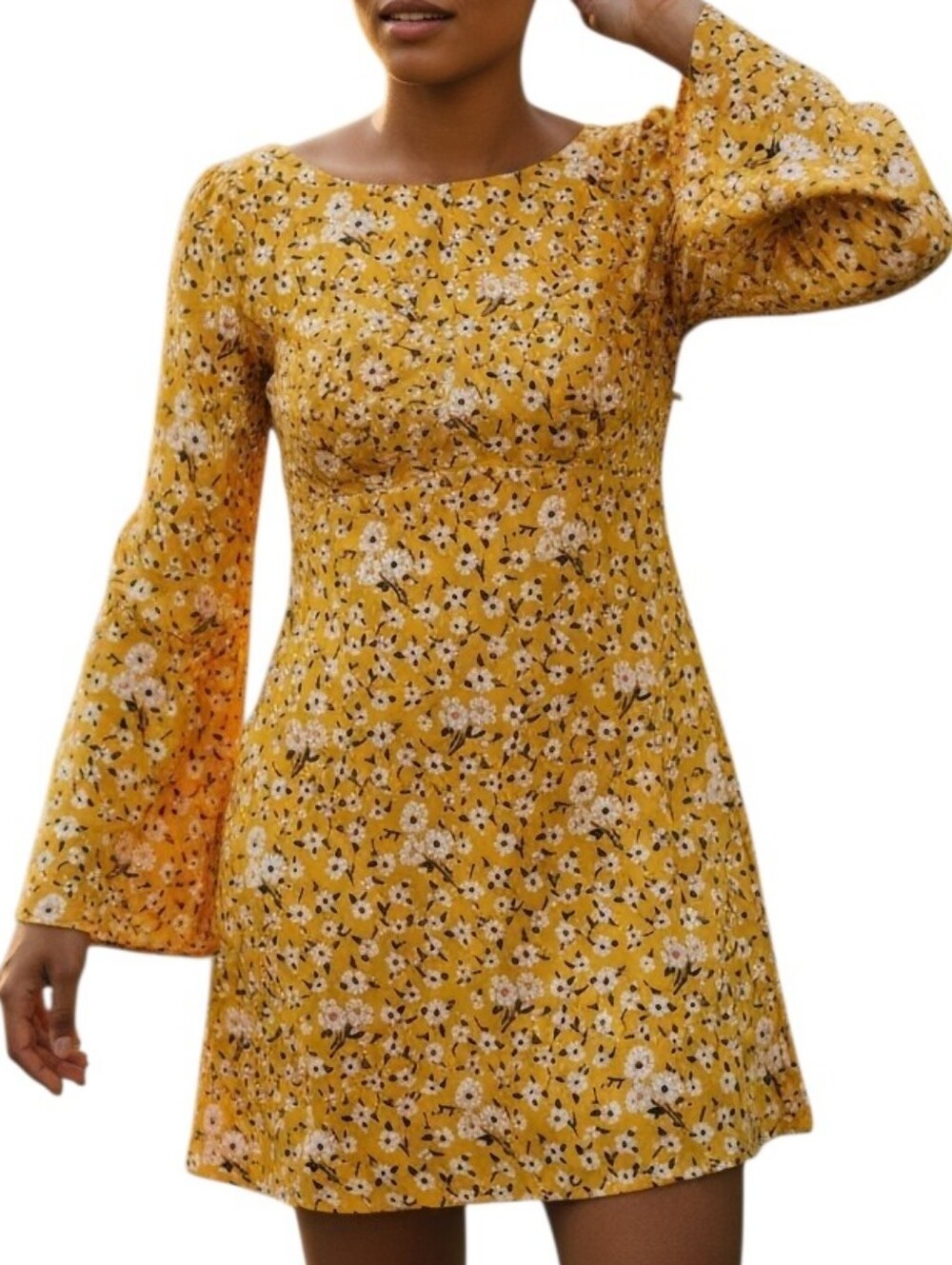 Zara Yellow Floral Bell-Sleeve Mini Dress